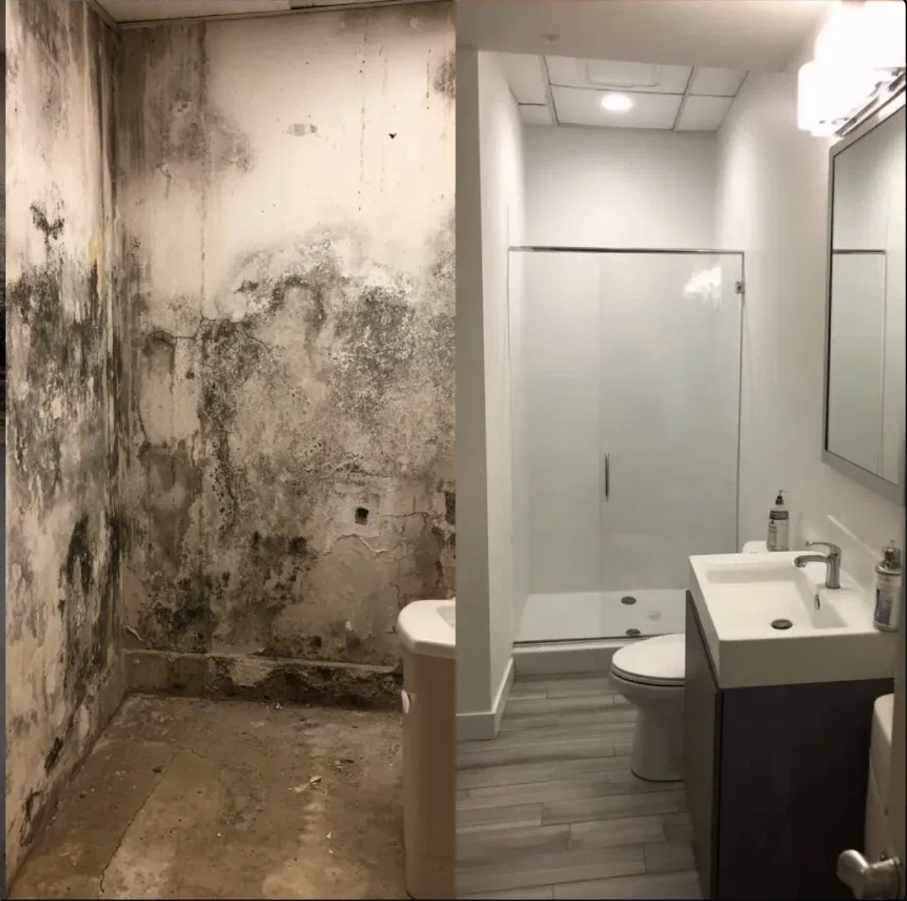 Before and after mold remediation in Northern Kentucky bathroom — black mold removed and walls fully restored