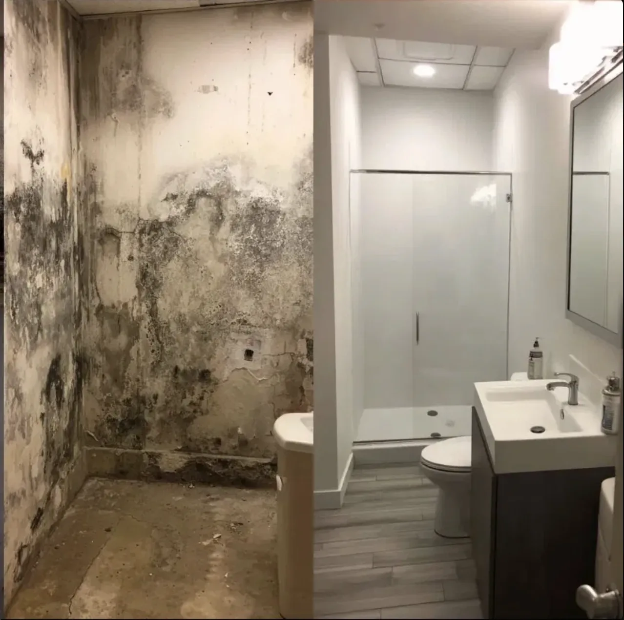 Before and after mold remediation in Northern Kentucky bathroom — black mold removed and walls fully restored